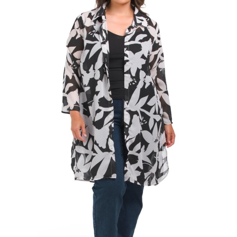 NWT Girl Soul Plus Printed Duster Black & White Flowers Leaves